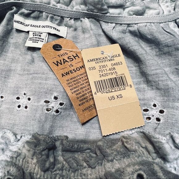 Off The Shoulder Dusty Blue Short Eyelet Blouse American Eagle Outfitters XS - Picture 11 of 11